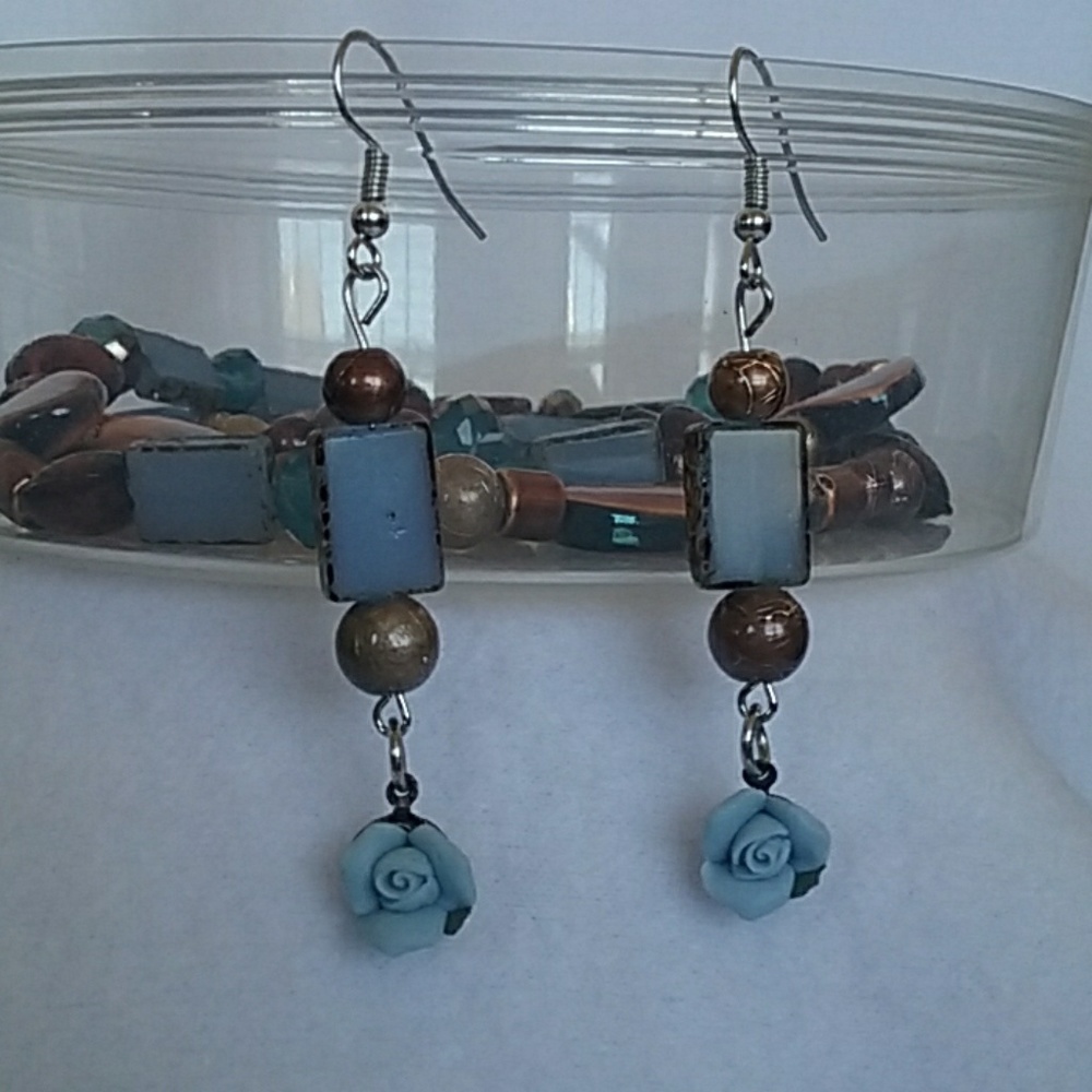 Womens blue & brown beaded with flowers hook earrings